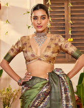 Dark Green Tussar Silk Tribal Print Saree-4461